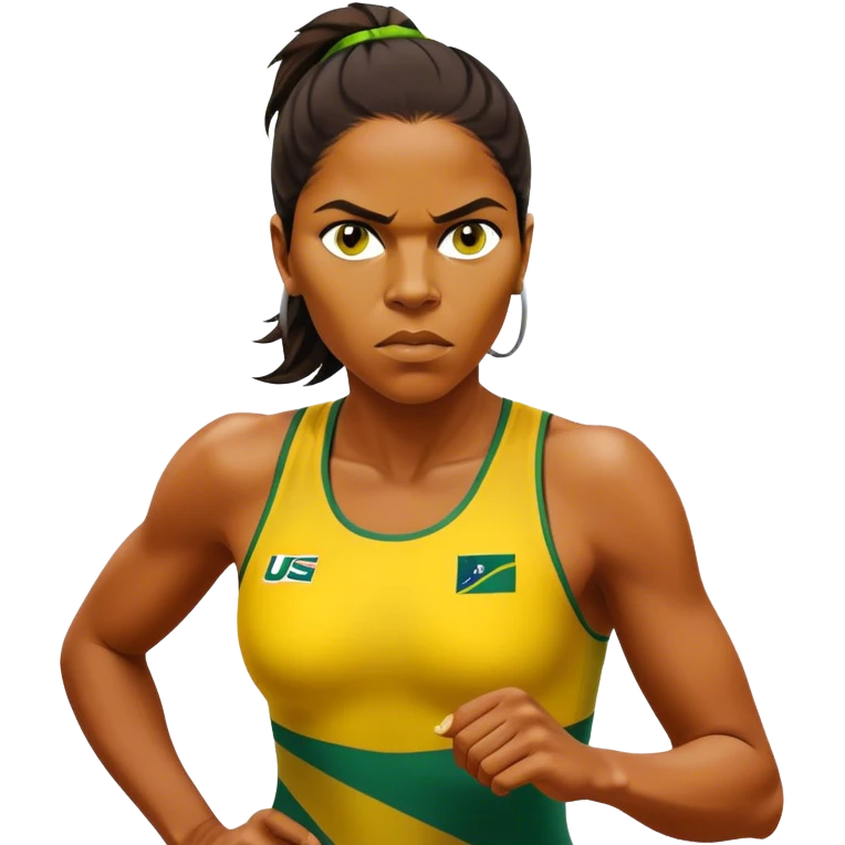 Cinematic Realistic portrait of Cathy Freeman, shown as an iconic Australian sprinter with a focused, determined expression and modern athletic yellow and green attire accented with subtle native motifs, rendered in dynamic, vibrant lighting emoji
