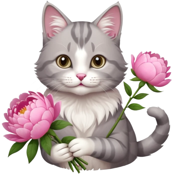 Cute cat Handing pink peonies like reaching a hand and handing them out a bouquet of them not a physical hand the cats hand  make the cat fluffy and grey and white fluffier make the cat wear a pink coquette emoji