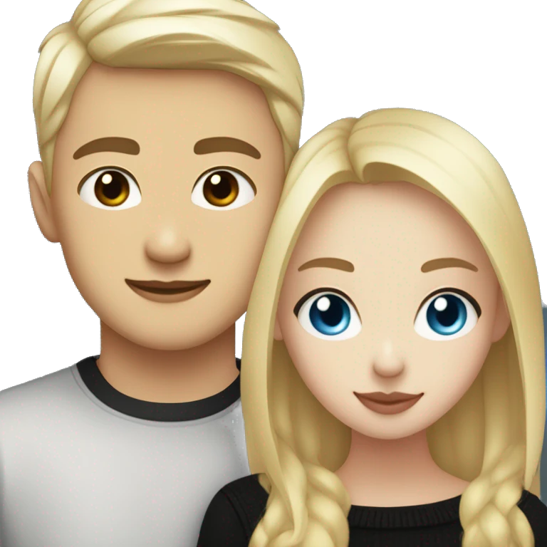 Blonde girl with blue eyes in black sweater and an east asian with light skin man with black hair and black eyes hugging emoji
