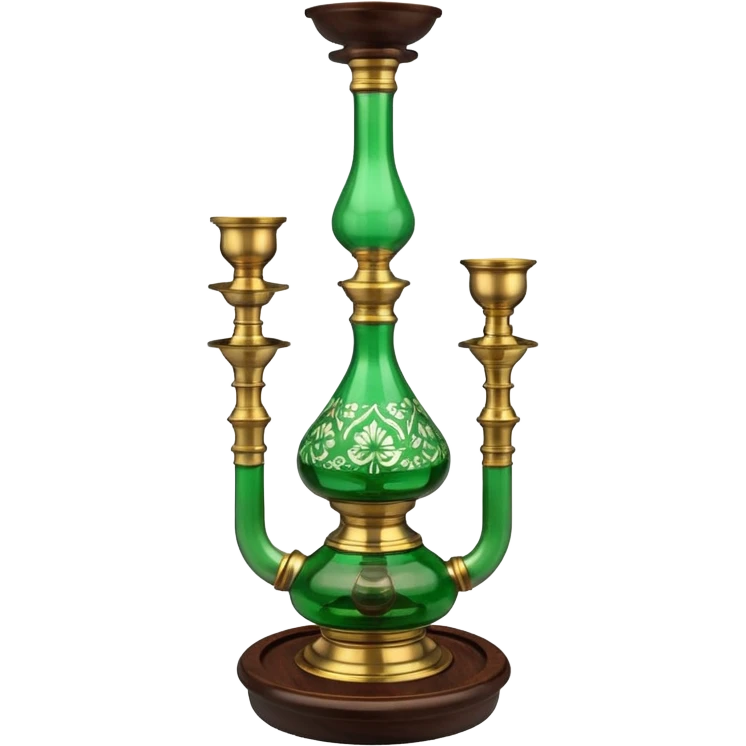 Brass hookah with green design on a glass water base on the top; with two pipes from the side all pouting on top emoji
