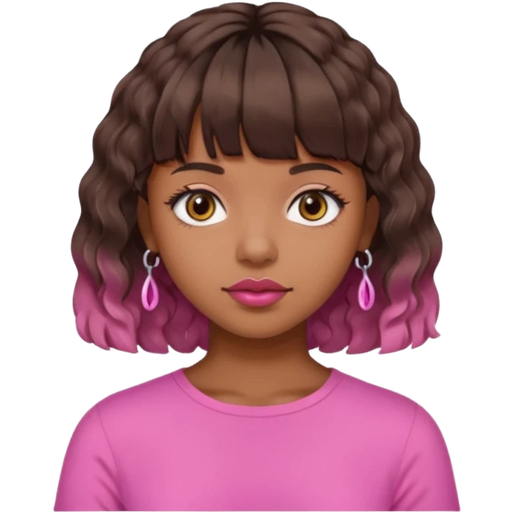 Chica morena con pelo ondulado y corto, con flequillo y piercing en el labio, top rosa  emoji
