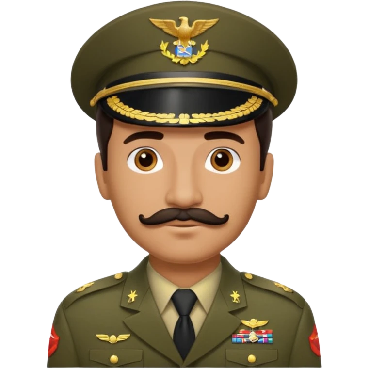 Hispanic man emoji with medium tan skin, dark brown slicked-back hair, a well-groomed mustache, wearing an army uniform without a hat. emoji