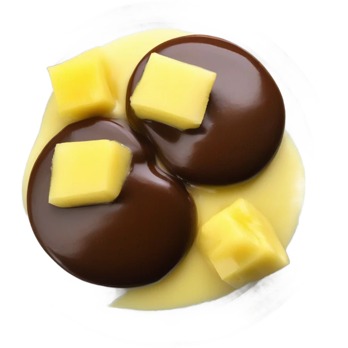 Chocolate and vanilla quenelle on glass plate with 3 drops of pineapple sauce emoji