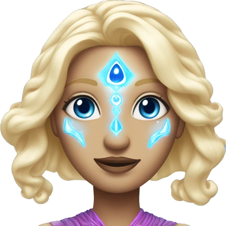 magical diva with thin pink andromedan face long blonde hair and blue eyes glowing third eye emoji