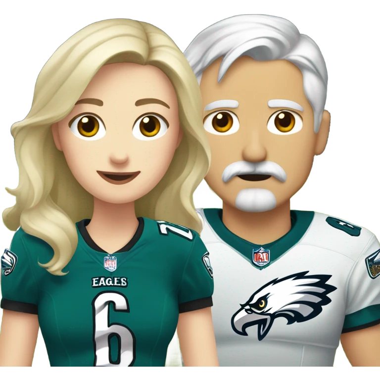 Blonde white girl, grey haired boy with a mustache wearing eagles jerseys  emoji