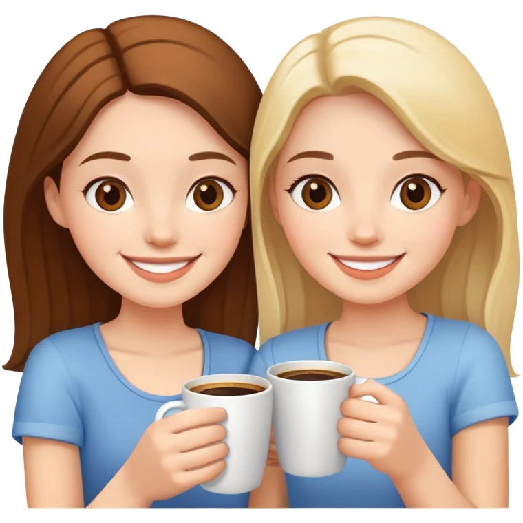 Two girls smiling, holding one coffee cup together emoji