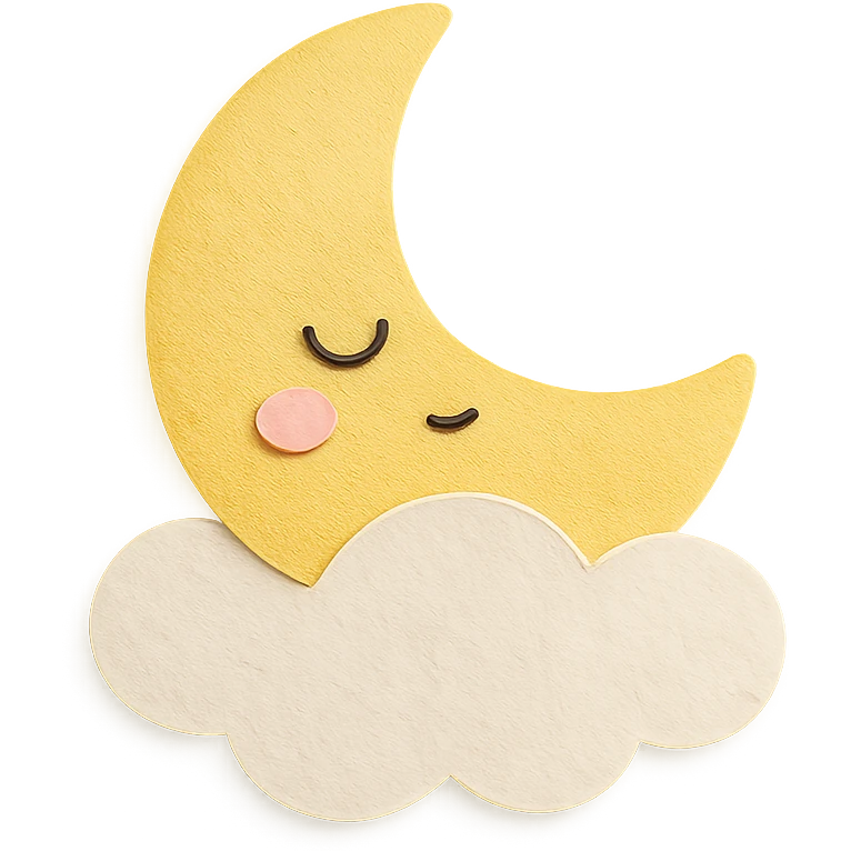 kawaii sleepy yellow moon resting on a white cloud pillow, no arms, no legs, full body, soft pastel colors, kawaii paper craft style emoji