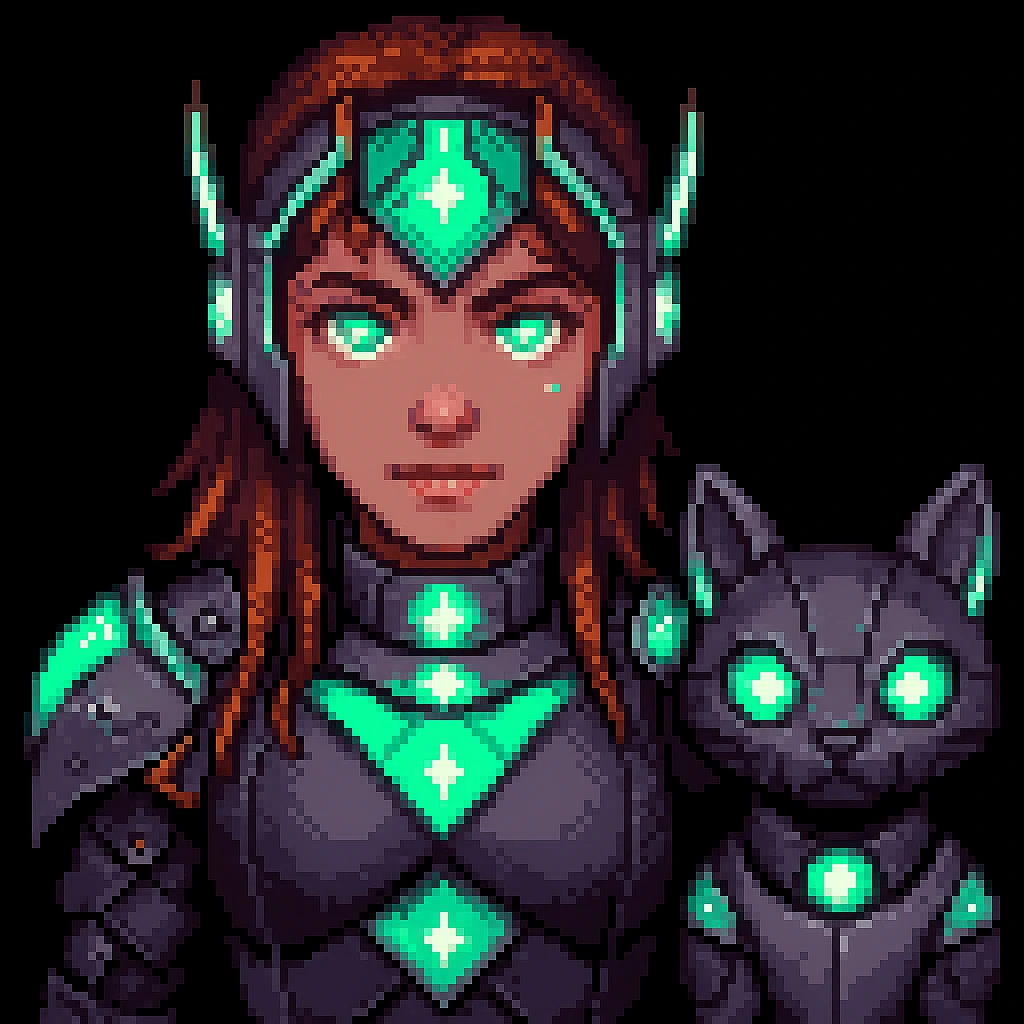 Add a small robotic pet next to the android girl with glowing eyes and armor in pixel art style. emoji