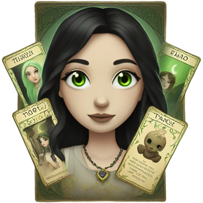 Girl with green eyes, pale skin, black hair and nose ring piercing with taro cards emoji