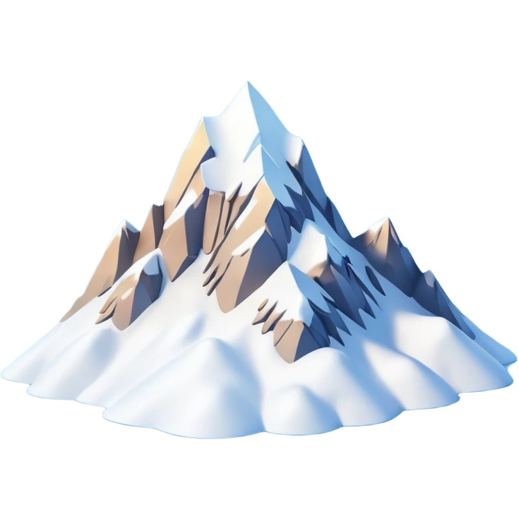 A 3D cartoon snow-covered mountain peak with soft clouds around it, clear blue sky, bright sunlight, smooth textures, Memoji-style rendering. emoji