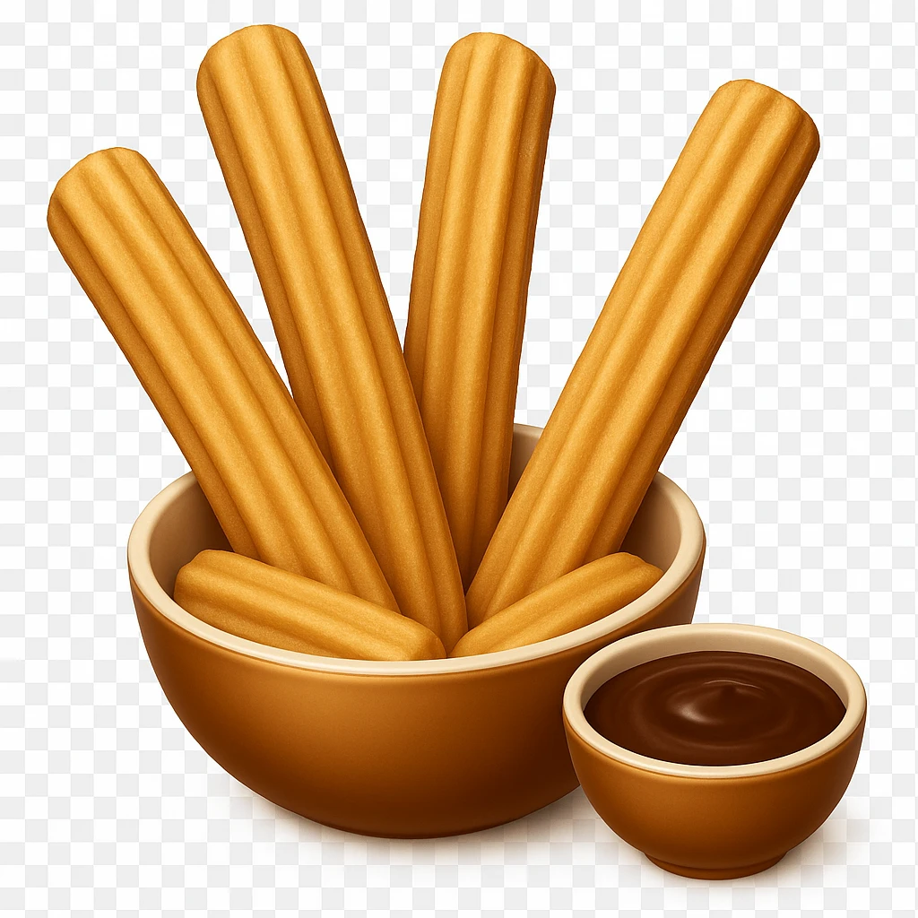 Remove the chocolate drizzle from the churros. Show churros with a small bowl of chocolate dipping sauce. Keep the background transparent. emoji