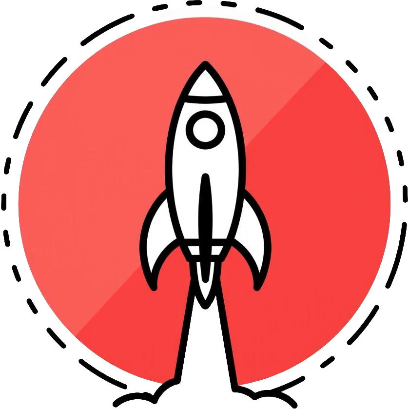red circular button with rocket ship logo emoji