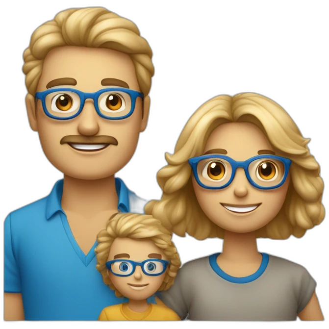 Familia de padre calvo con gafas, madre rubia de pelo largo, niño rubio de 8 años con gafas azules  y niño de pelo castaño de 12 años con gafas azules emoji