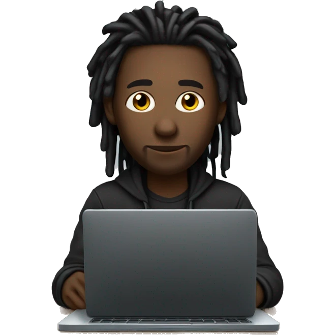 Black-man-with-dreads-wearing-black-trackstuit-sitting-down-on-chair facing-foward-focused-on-laptop-computer- emoji