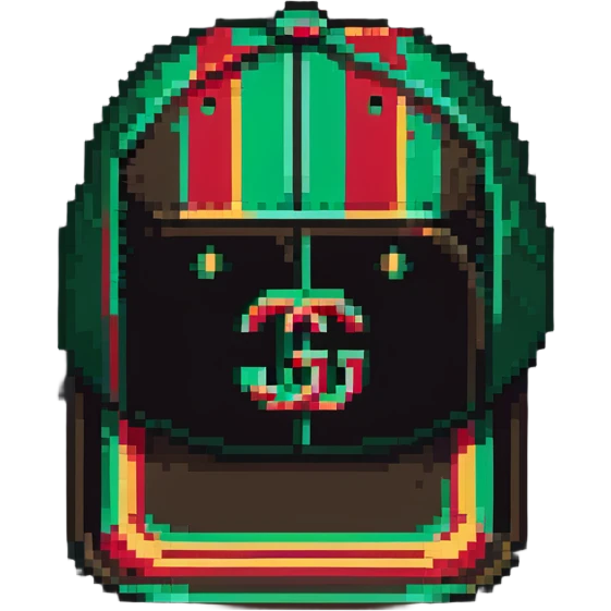 pixel art Gucci cap with green and red stripes and gold accent emoji
