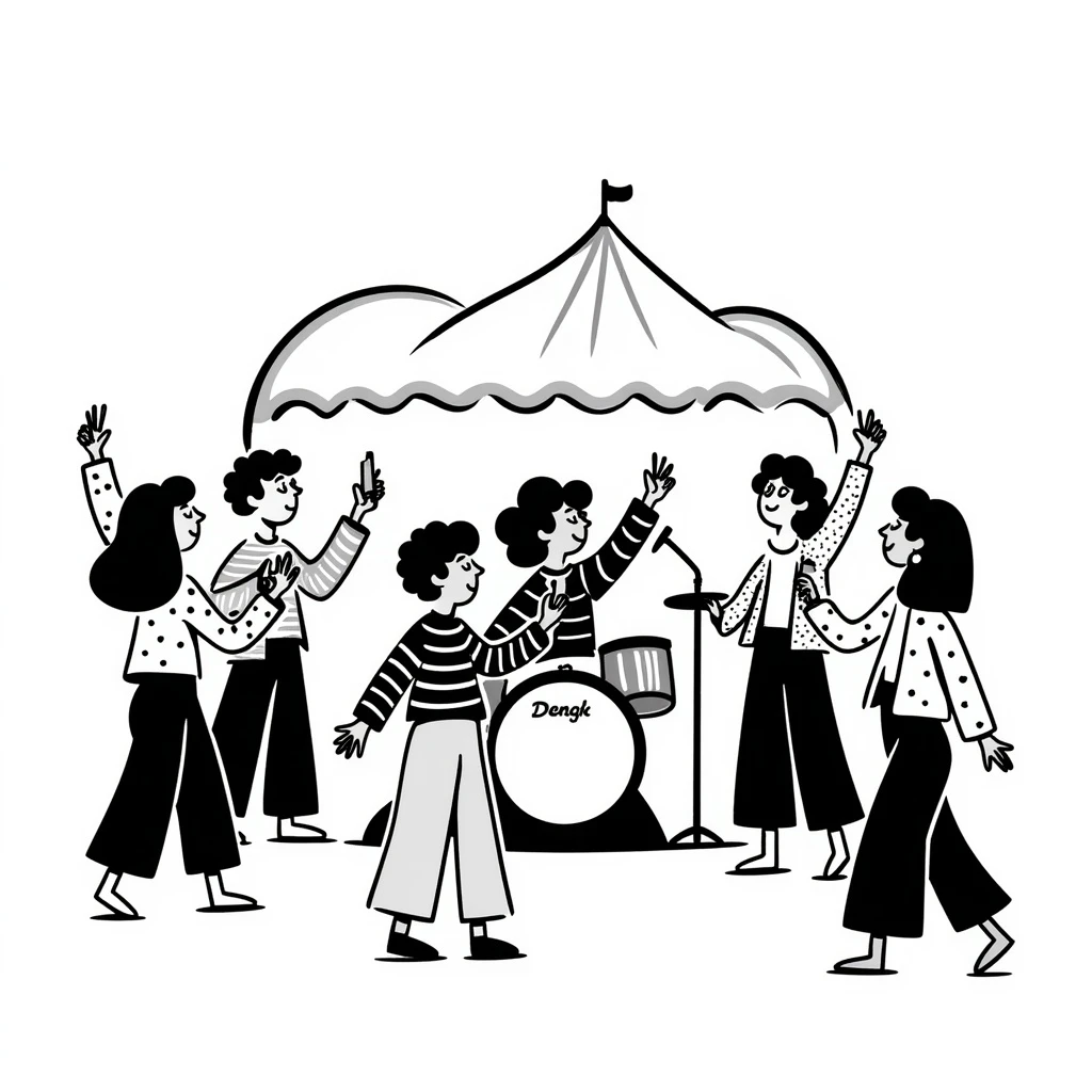 music festival, group of friends enjoying live music, summer, bright colors, playful vibe, doodle style emoji