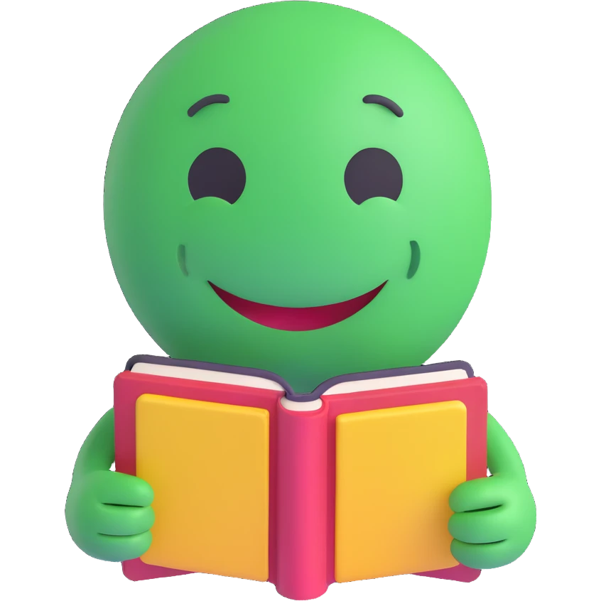 3D smiley emoji, round shape, grandfather with book, green color, smiling face emoji