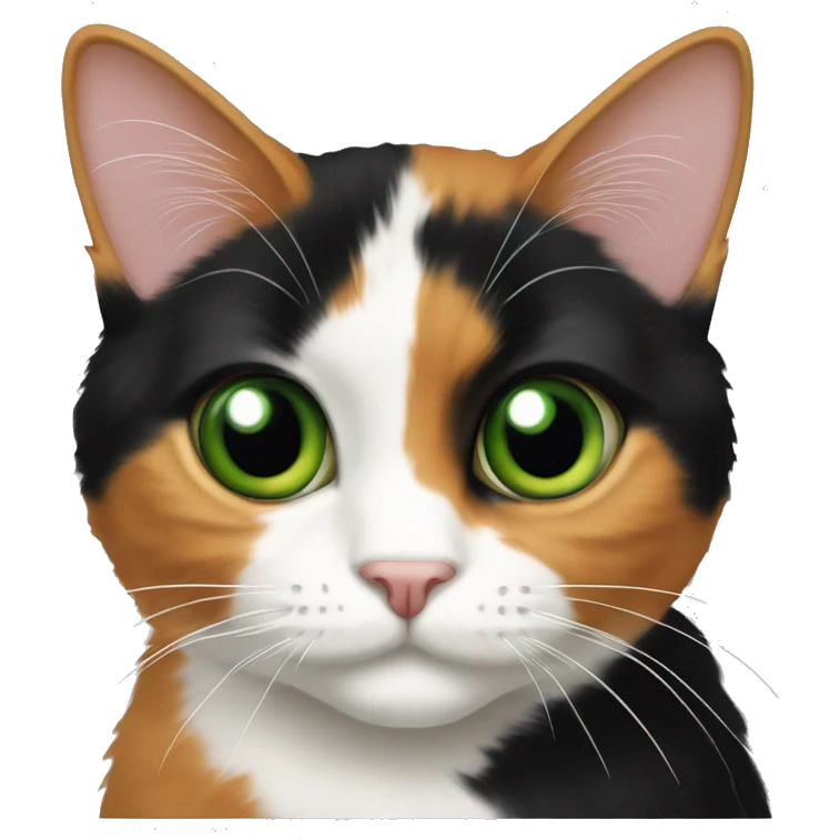 calico cat with a mix of black, orange, and white fur, green eyes emoji