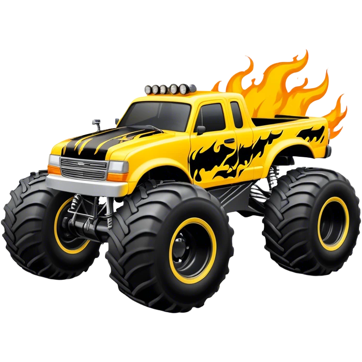 Maximum Destruction - Monster Jam (Model Year: 2021) (Iconic colour: Yellow with black flames) - A ferocious monster truck featuring a vivid yellow base accented by dramatic black flame patterns. Emphasize sharp, high-contrast flame streaks across the body, creating a look of aggressive, explosive energy. emoji