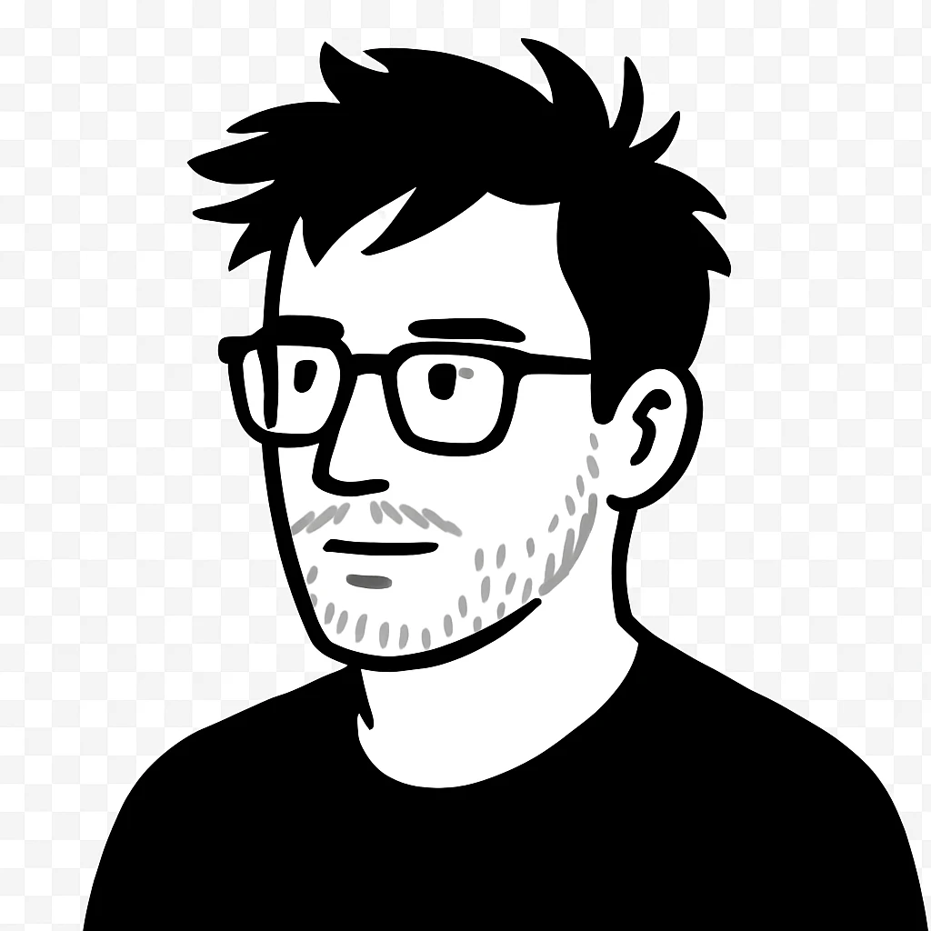 An intellectual man with rectangular glasses, messy windswept hair, and a subtle short beard, looking slightly to the side emoji