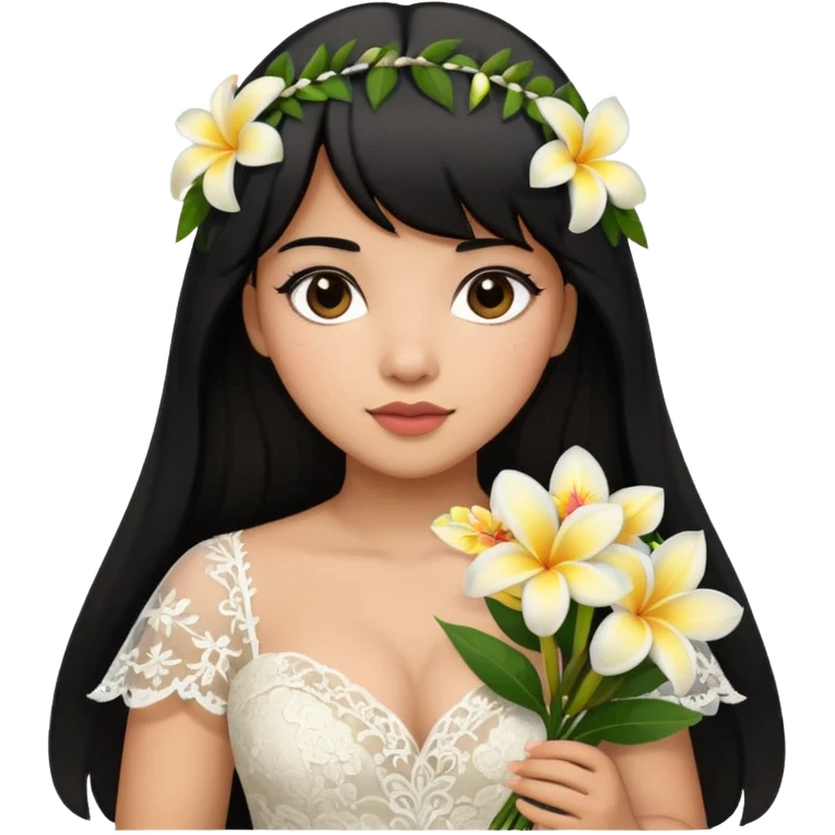 Latina girl with bangs black long hair plus size lace wedding dress with plumeria bouquet emoji