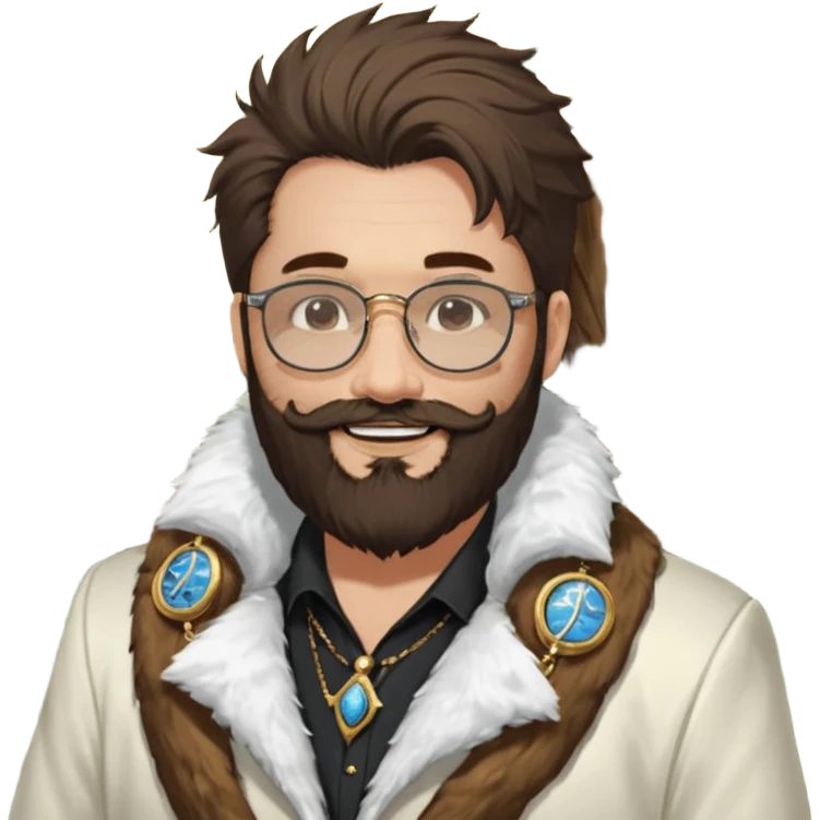 émoji blanc homme barbu, cheveux bruns collés au crane avec raie au milieu, grosses lunettes de soleil rectangulaires à grosse branches, gros bijoux en or (chaine, montre,) manteau de fourrure très fluffy sur les épaules sourire en coin, boucles d'oreilles emoji