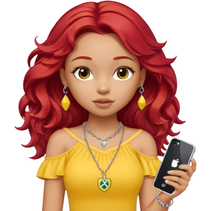 a pretty bratz girl with wavy red hair, wearing a yellow brazil jersey falling off her shoulder. silver dainty layered necklaces, carrying an iphone emoji