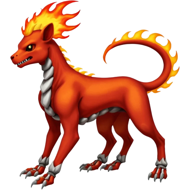 Badass skeletal cool shiny Houndoom-Charmeleon-Fakémon-hybrid-creature (full body)  with flamey Mohawk  emoji