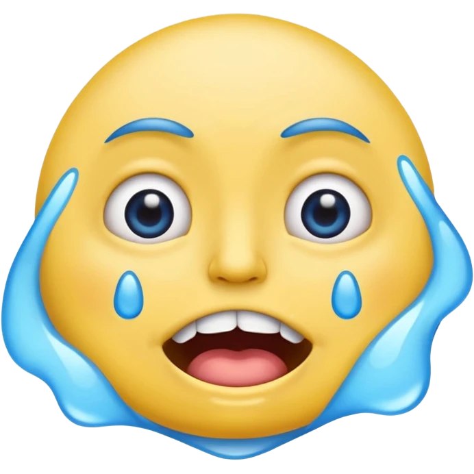 crying emoji with eyes open wide, visible eye bags, yellow emoji, visible teeth, stretched out mouth, blue tears, exaggerated  emoji