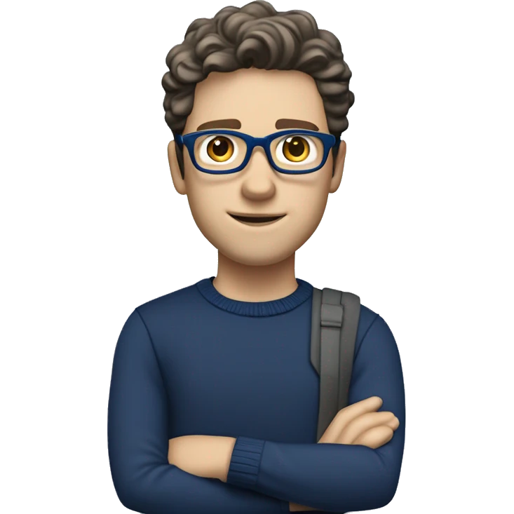 caucasian white boy with dark wavy  hair, blue glasses, and carrying design plan because he is an architect carrying a pencil and a set model maquette. wearing a navy blue long sleeve sweater shirt. smart.  emoji