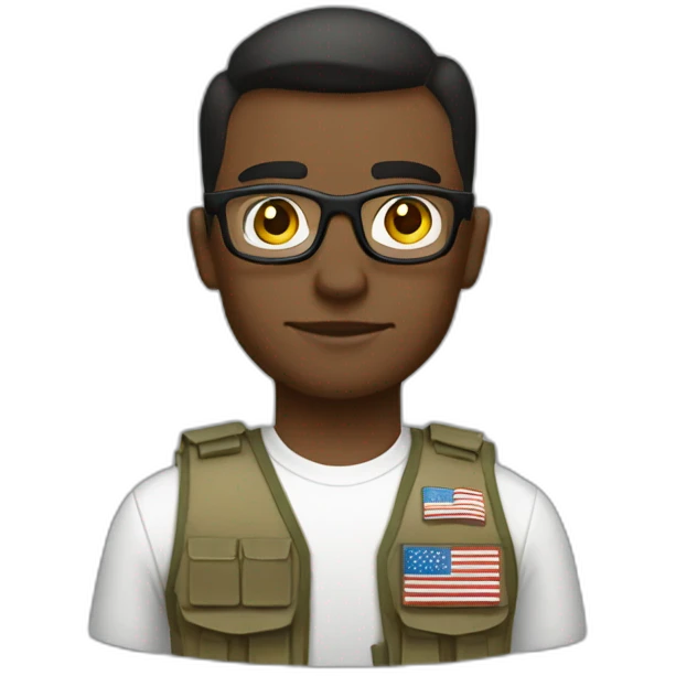 soldier with a part in hair, wearing glasses, a white dress shirt, bulletproof vest with an american flag emoji