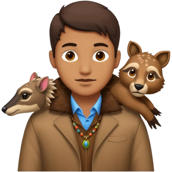 Classic hunter image, with brown clothes and some decorations made of animals emoji