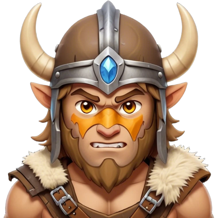 Cinematic Fierce Barbarian Portrait Emoji, Poised and bold with a rugged yet cartoonish build in tattered furs and a horned helmet, expressive bright eyes and a confident smirk, Simplified yet dynamic features, highly detailed, glowing with a vivid, adventurous aura, high shine, heroic and spirited, stylized with an air of medieval warrior charm, focused and energetic, soft glowing outline, capturing the essence of a fearless barbarian adventurer ready to lead his clan with spirited valor! emoji