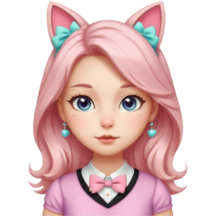 Gorgeous shiny smooth soft pretty aesthetic elegant beautiful gorgeous cute kawaii pastel anime style lady with blushing cheeks, cat ears, long beautiful Lucious stylish hair, big pretty eyes, cute colorful pastel dress and skirt and bow ties, and necklace emoji