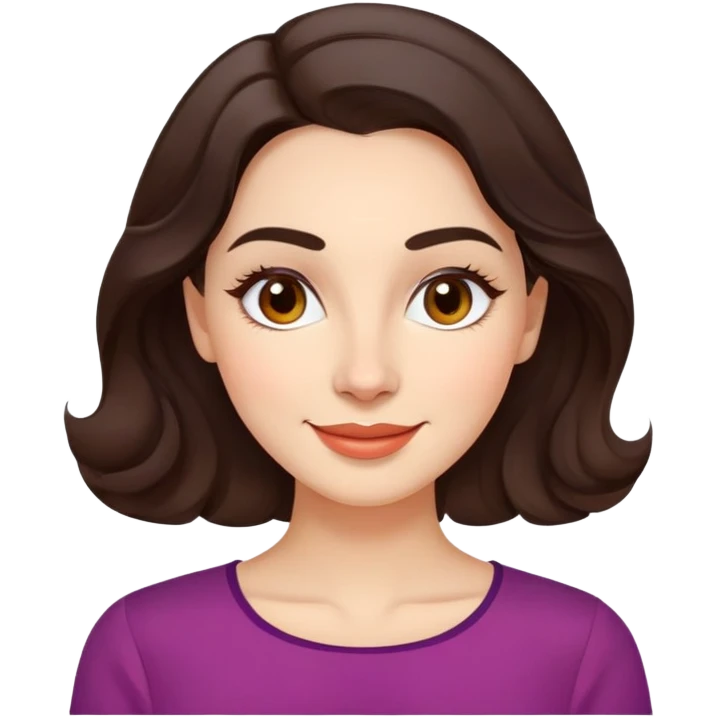 Warm enthusiastic woman with light skin, oval face, soft defined features, large expressive brown eyes, medium arched eyebrows, small nose, medium lips with relaxed smile, long wavy dark brown hair styled simply, wearing a soft vibrant colored elegant blouse emoji