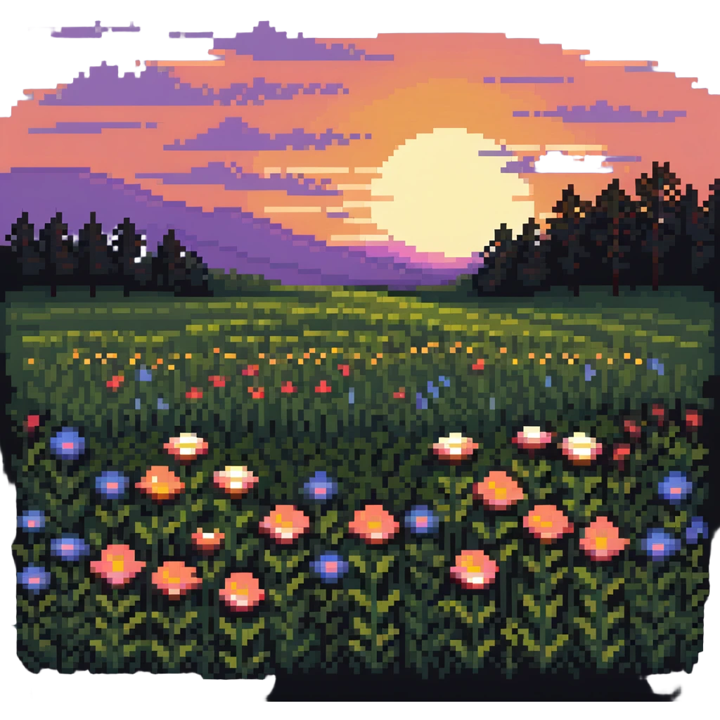 sunset over a meadow with flowers emoji