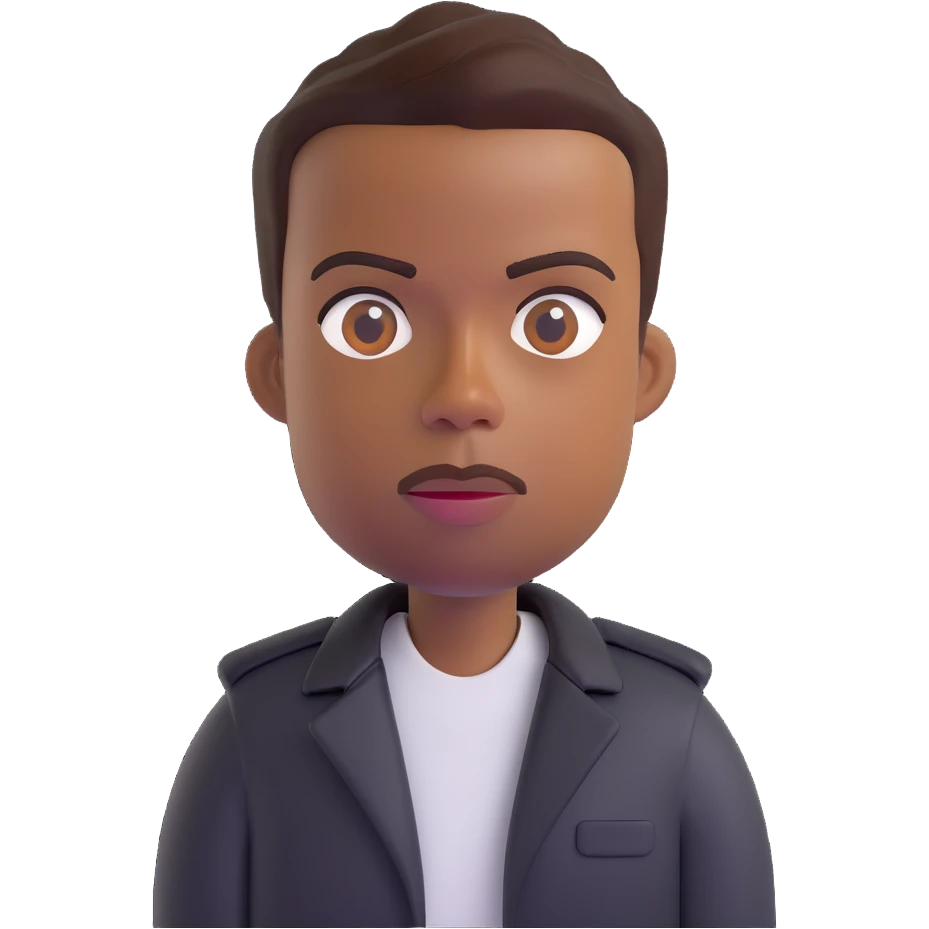 3D emoji of Chris Rock, neutral expression, short hair, brown skin, wearing a black jacket, Microsoft 3D Fluent emojis style emoji