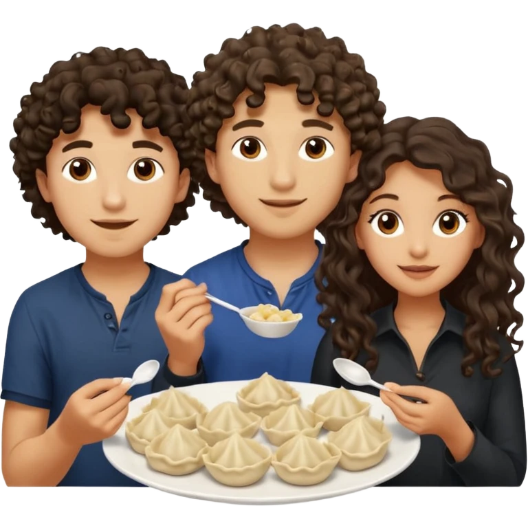 Can you create an emoji of three 23 year olds eating dumplings. One boy with wavy curly hair one Jewish girl with long dark brown curly hair and one half Indian / half white girl with mid length dark brown hair. All brown eyes emoji