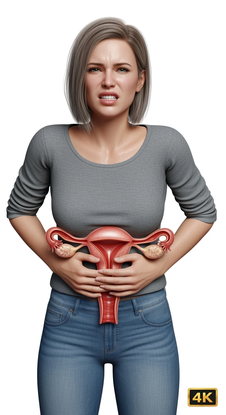 donna vestita casual realistico con utero umano anatomico in evidenza, dolore in volto
, IPERREALISTICO 4K, sfondo bianco emoji