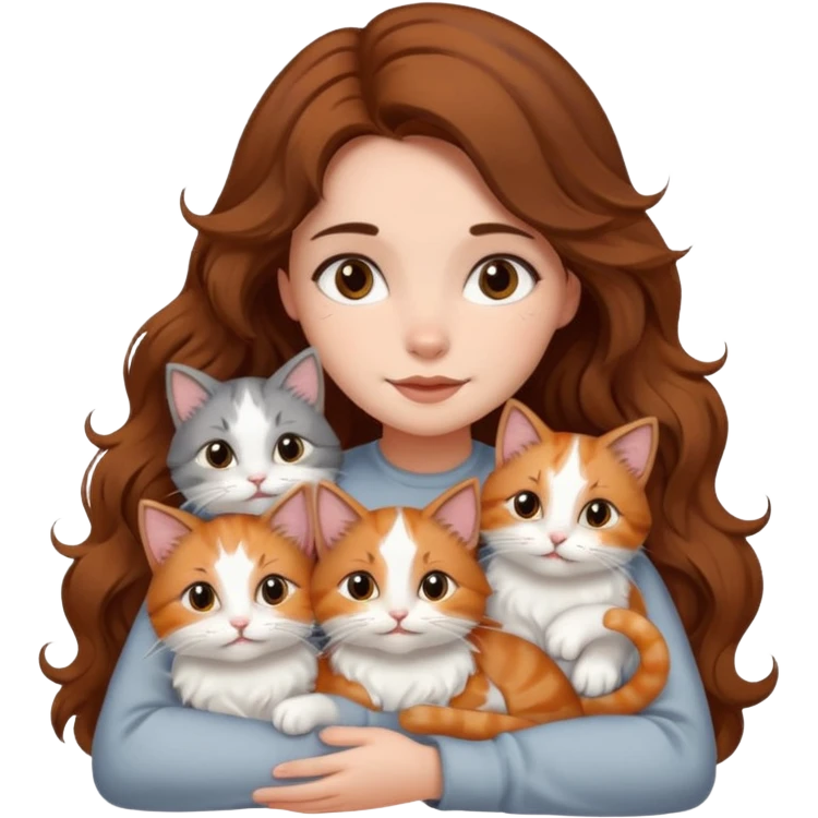 girl with long wavy brown hair cuddling with 6 cute cats emoji