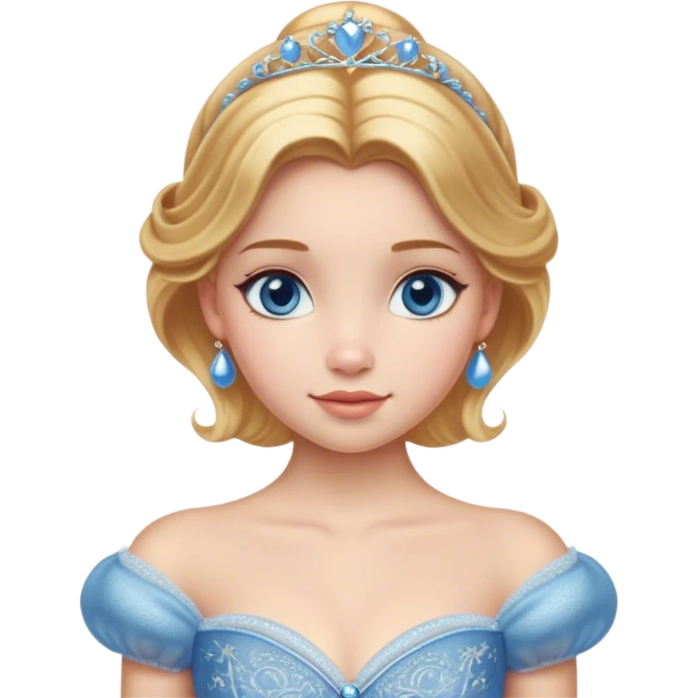 Cinematic Realistic Cinderella Portrait, depicted with lifelike skin texture, subtle rosy undertones, and soft natural lighting that enhances the gentle contours of her face. Her intricately detailed golden blonde hair is elegantly styled in an updo, with delicate wisps framing her face for added realism. Her deep, expressive blue eyes radiate warmth and sincerity, reflecting a quiet resilience and grace. She is dressed in her iconic ball gown, the fabric shimmering with intricate embroidery and fine translucent layers that catch the light beautifully. The soft sheen of satin gloves and the delicate sparkle of a glass-like slipper peeking from beneath her dress add a touch of magical realism. The portrait features an enchanting glow with a natural, luminous finish, seamlessly blending realism and fairytale charm to evoke a sense of depth, elegance, and timeless beauty. emoji