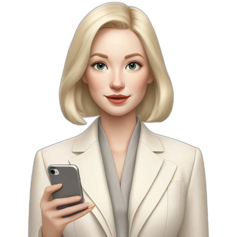 pale skin woman with ash blonde Straightened bob Hair, White Spacious classical jacket, beige palazzo Arrow pants and gray blouse holding white IPhone 15 pro in the hands emoji