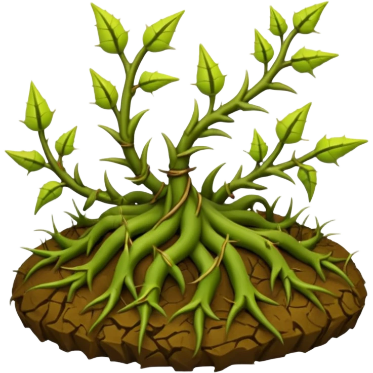 green vines with thorns sprouting from the ground, 3D, extremely detailed, earthy color palette, yellow green and brown tones, filigree inspired emoji