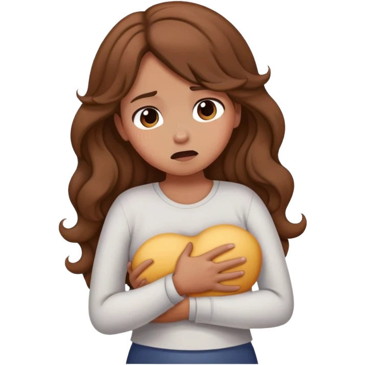 Girl with curled brown long length hair with stomach ache emoji