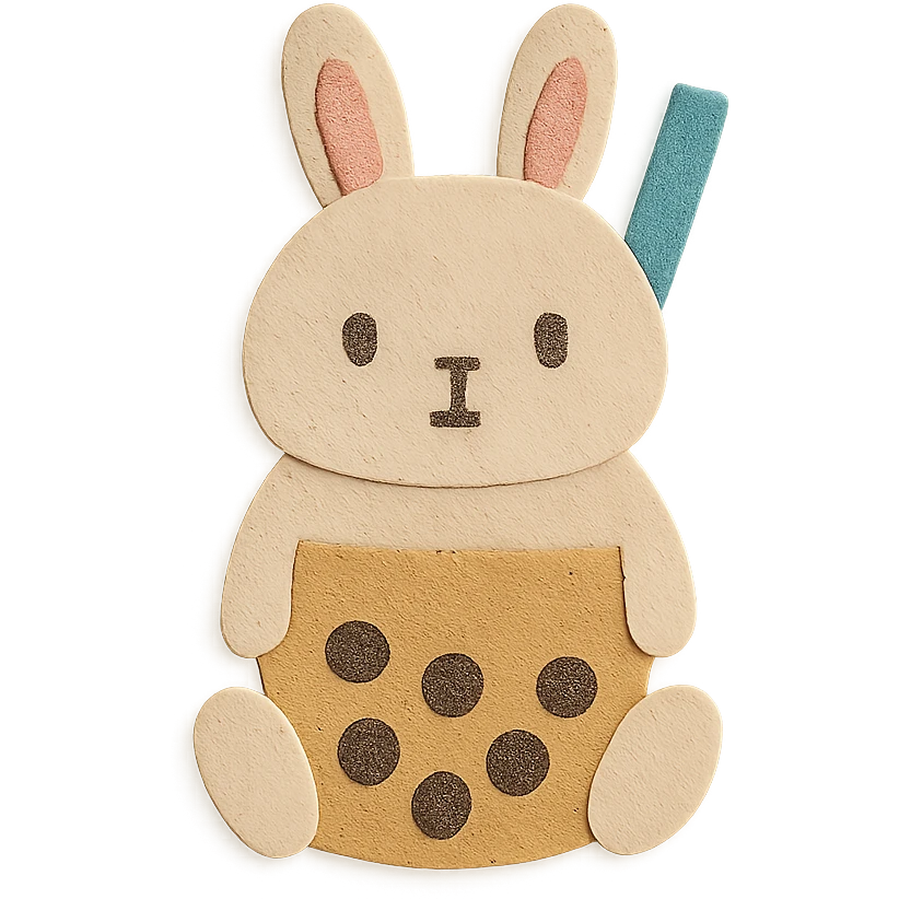 full-body milk tea bunny sitting still with blank stare, nose and mouth opaque emoji