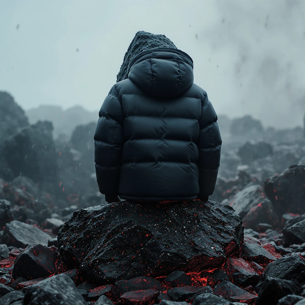 cinematic still of a black puffer jacket around black stone with red coal temeperature environment emoji