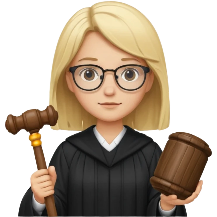 Young judge, blonde hair with glasses and robe, hold a gavel emoji