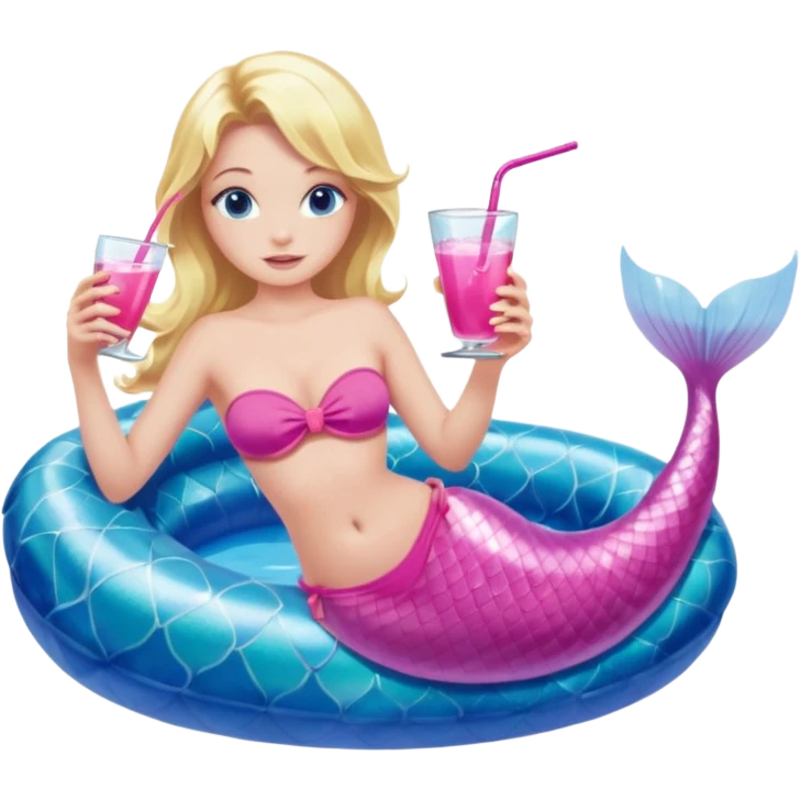 woman who is a mermaid with blonde hair and blue eyes sitting in a pink pool tube in a blue pool sipping a drink wearing a pink bikini top and a pink mermaid tail  emoji