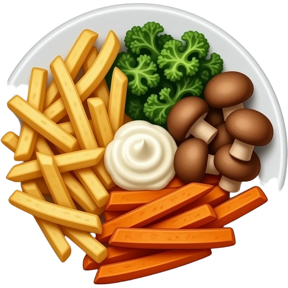 Realistic plate of sweet potato fries, kale, scallops, mushrooms and sour cream emoji
