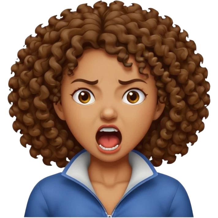 Brown curly girl grabbing her neck screaming angry emoji